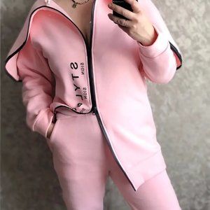 New  Pink Zipper Hoody & Sweatpants Set For Fall Winter, Women's work out sz XL